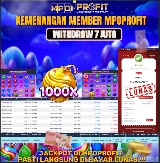 MPOPROFIT JACKPOT PRAGMATIC PLAY! KEMENANGAN MURNI DI (SWEET BONANZA 1000 TOTAL RP. 7.000.000,- LUNAS)